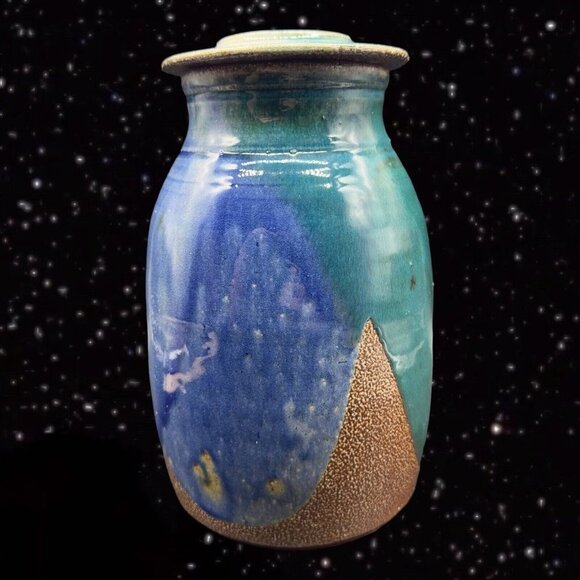 1950s Stoneware Primitve Canister Jar Storage Box Pottery Multicolor Glaze 10”T